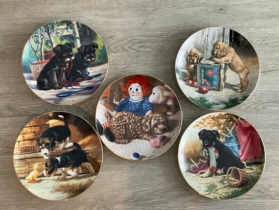 Puppy Playtime by Jim Lamb Dog Porcelain Plates Poodle Schnauzers