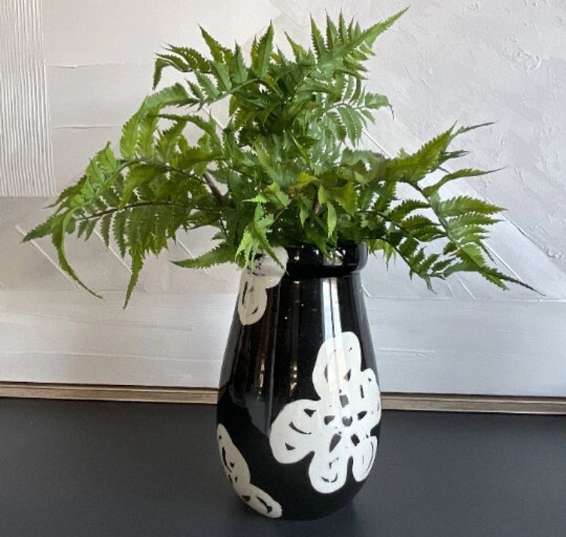 Vintage Bitossi Vase Black & White Floral Glazed Ceramic Vase Mid Century Modern Art Pottery Vintage Home Decor Italy 1980s image 1