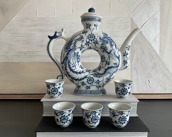 Porcelain Tea Set Blue and White Mystical Dragon & Jian Bird Design Large Donut Hole Shaped Tea Pot Oriental Teacups Chinese Porcelain