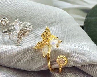 Sterling Silver Zircon Butterfly Earrings, Curved Ear stud, Gold Vermeil Dainty Earrings,  Silver Elegant Earrings, Wedding Earring