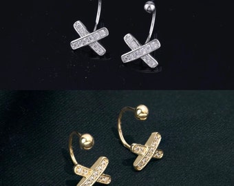 Sterling Silver Zircon Cross Earrings, Curved Ear stud, Gold Vermeil Dainty Earrings,  Silver Delicate Earrings, Fashion Accessories