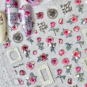Aesthetic Rose Nail Stickers, Rose Nail Decals, Flower And Frame Nail Stickers, Aesthetic Nail Decals, 3D Nail Stickers, DIY Nails