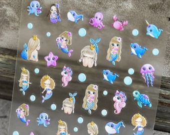 Mermaid Nail Stickers, Mermaid Nail Decals, Cute Nail Stickers, Cartoon Nails, Self-Adhesive, DIY Nails
