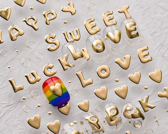Gold Letters Nail Stickers, Gold Heart Nail Decals, Gold Words Nail Stickers, Gold And Silver Nail Decals, Nail Art, DIY Nails