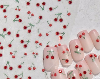 Cherry Nail Sticker WIth Rhinestones, Cherry Nail Decals, Fruit Nail Decal, Rhinestones Nail Decals, Self-Adhesive Nail Decal, DIY Nails