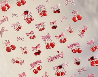 Cherry Nail Stickers, Cherry Nail Decals, Cute Fruit Nail Stickers, Red Cherry Nails, DIY Nails, 3D Nail Stickers, Bowknot Nail Stickers