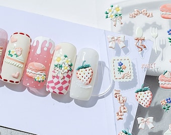 Kuchen und Erdbeeren Nagelaufkleber, Rosa Nagelaufkleber, Kawaii Nagelsticker, Süße Nageldesignerkunst, DIY Nägel