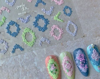 Pegatinas para uñas con marco de encaje, calcomanías para uñas con marco, diseño de uñas con encaje, arte de calcomanías para uñas, calcomanías para uñas en relieve, una hoja
