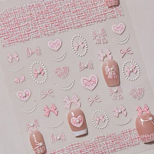Cute Bowknot And Gingham Nail Stickers, Aesthetic Nail Stickers, Cute Nail Decals, Nail Supplies, Manicure Sticker, Nail Supplies, DIY Nails