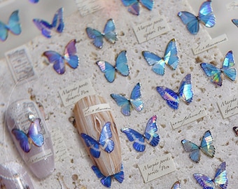 Pegatinas de mariposa azul para uñas, calcomanías de mariposa para uñas, arte estético para uñas, pegatinas 3D para uñas, uñas DIY