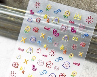 Cute Drawing Nail Stickers, Kawaii Nail Stickers, Nail Art Stickers, Kawaii Nail Decals, Nail Design Stickers, 5D Embossed, DIY Nails