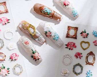 Pegatinas para uñas con marco, pegatinas para uñas con marco y flores, arte con calcomanías para uñas, calcomanías para uñas con flores, arte con calcomanías para uñas, uñas 3D, uñas 5D, uñas DIY