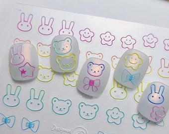 Cute Nail Stickers, Cute Nail Decals, Bear Nail Stickers, Rabbit Nail Decals, Nail Arts, 5D Embossed, DIY Nails