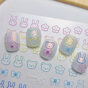 Cute Nail Stickers, Cute Nail Decals, Bear Nail Stickers, Rabbit Nail Decals, Nail Arts, 5D Embossed, DIY Nails