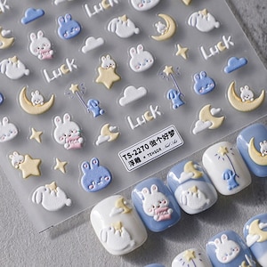 Pegatinas para uñas con forma de conejo y estrella, calcomanías para uñas kawaii, calcomanías para uñas con forma de conejo y luna, diseño de uñas, calcomanías para uñas, calcomanías para uñas 3D