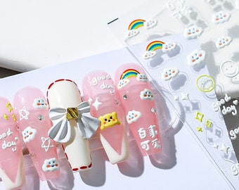 Cloud Nail Sticker, Cloud And Smile Face Nail Decals, Kawaii Nails Stickers, Cute Nail Decals, 5D Embossed, DIY Nails
