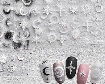 Mond Nagelsticker, Mond und Stern Nagelsticker, Nagelsticker, Nagelsticker, Weiße und Schwarze Nagelsticker, Sternnagelkunst, 5D geprägt, DIY Nägel
