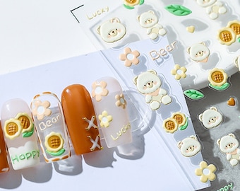 Cute Bear Nail Stickers, Bear Nail Decals, Bear And Sunflower, Kawaii Nails, 5D Embossed, DIY Nails