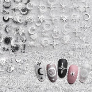 Moon Nail Stickers, Moon And Star Nail Stickers, Nail Decals, White And Black Nail Stickers, Star Nail Art, 5D Embossed, DIY Nails