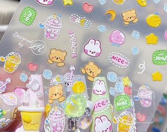 Kawaii Bear Nail Stickers, Cute Rabbit Nail Stickers, Drink Nail Decals, Kawaii Nail Decal Art, DIY Nails