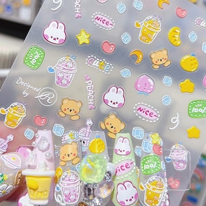 Kawaii Bear Nail Stickers, Cute Rabbit Nail Stickers, Drink Nail Decals, Kawaii Nail Decal Art, DIY Nails