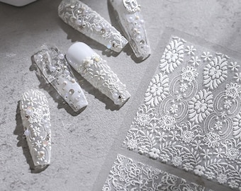 Lace Nail Wraps, Lace Nail Stickers, Flower Pattern Nail Decals, Embossed Nail Stickers, DIY Nails