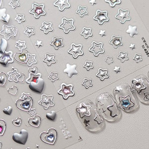 Silver Star Nail Stickers, Silver Heart Nail Stickers, Silver Nail Decals, Nail Sticker With Crystals, Heart Nail Art Stickers, DIY Nails
