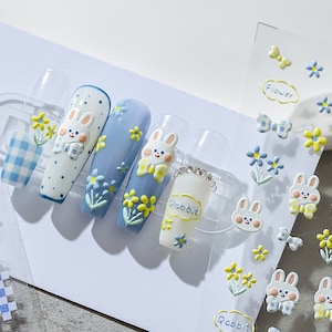 Rabbit Nail Sticker, Kawaii Nail Decals, Bowknot Rabbit, Cute Nail Sticker, Flower And Rabbit, DIY Nails, 3D Nails, 5D Nails