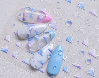 Blue Cloud Nail Stickers, Cloud and Star Nail Decals, Cloud Nail Art Stickers, 3D Nail Stickers, Manicure Sticker, DIY Nails