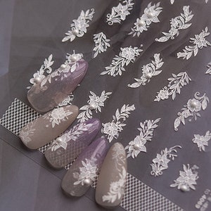 White Flower Nail Stickers With Pearl, Floral Nail Decals, Flower Manicure Sticker, Floral Nail Art, DIY Nails