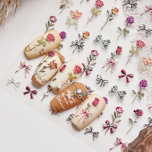 Rose Nail Stickers, Flower Nail Art Stickers, Flower Nail Decals, Aesthetic Nail Art, Rose Stickers, Flower Nail Design, Floral Manicure