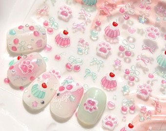 Süße Kirsch- und Pudding-Nagelaufkleber, süße Nagelaufkleber, süße Nagelaufkleber, süße Nagelkunst, süße Maniküre