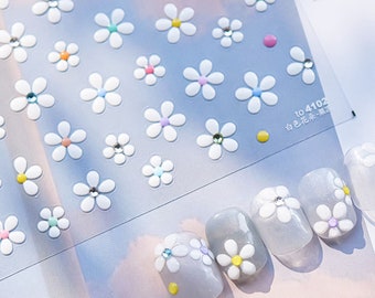 White Flower Nail Stickers With Crystals, Flower Nail Decals, Floral Nail Stickers, Flower Nails, Self-Adhesive Nail Stickers, DIY Nails
