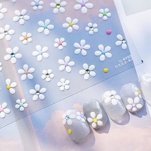 White Flower Nail Stickers With Crystals, Flower Nail Decals, Floral Nail Stickers, Flower Nails, Self-Adhesive Nail Stickers, DIY Nails
