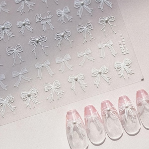 Adesivi per unghie con fiocco in pizzo, graziosi adesivi per unghie con fiocco, adesivi per unghie bianchi, ciondoli per unghie con fiocco, nail art carina, unghie fai da te, manicure con fiocco