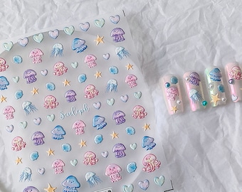 Cute Jellyfish Nail Stickers, Jellyfish Nail Decals, Ocean Lift Nail Stickers, Summer Nail Art, 3D Nail Stickers, DIY Nails
