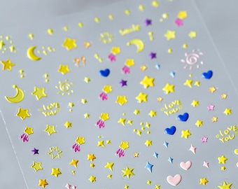 Sternagelstickers, sternagelstickers, maan- en sternagelstickers, kawaii-nagelstickers, 5D-reliëf