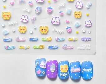 Cute Rabbit And Bear Nail Stickers, Cute Nail Art Stickers, Kawaii Nail Art, Rabbit Nail Stickers, Nail Decals, DIY Nails