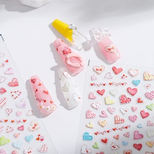 Heart Nail Stickers, Heart Nail Decals, Kawaii Heart Nail Designs, Nail Decal Art, 3D Nail Stickers, DIY Nails