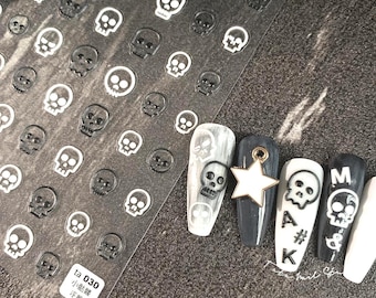 Stickers tête de mort, Stickers pour ongles Halloween, Décorations d'ongles Halloween, Tête de mort noir et blanc, Tête de mort colorée, Ongles DIY