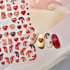 Red Heart Nail Stickers, Heart Nail Decals, Jelly Style Nail Decals, Nail Charms, Nail Art, Adhesive Nail Stickers, DIY Nails