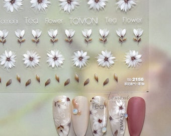 Calcomanías para uñas con flores blancas, calcomanías para uñas con flores, calcomanías para uñas con camelia, diseño de uñas con flores, arte de uñas, calcomanías para uñas en 3D, uñas DIY