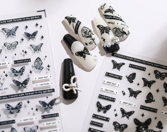 Pegatinas de mariposas para uñas, calcomanías de mariposas para uñas, uñas de mariposas blancas y negras, pegatinas de uñas 3D, arte de calcomanías para uñas