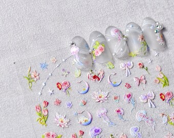 Flower And Jellyfish Nail Stickers, Nail Decals, Dainty Nail Decal, Nail Art, Flower Nail Designs, Kawaii Nail Stickers, Nail Supplies