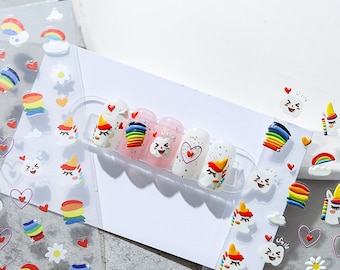 Pegatinas para uñas de arcoíris y unicornios, calcomanías para uñas de arcoíris, arte con calcomanías para uñas, uñas 3D, uñas 5D, uñas DIY