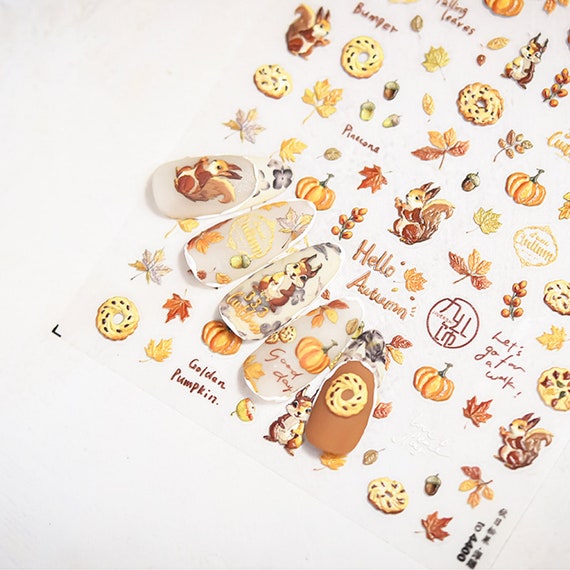 Autumn Nail Stickers, Autumn Leaf Nail Decal Stickers, Squirrel Nail Stickers, Autumn Nail Art, DIY Nails, Nail Art Stickers