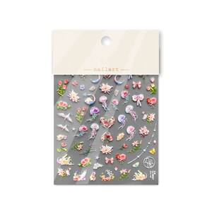 May include: A sheet of nail art stickers with a variety of designs, including flowers, butterflies, jellyfish, and stars. The stickers are on a clear background and are ready to be applied to nails.