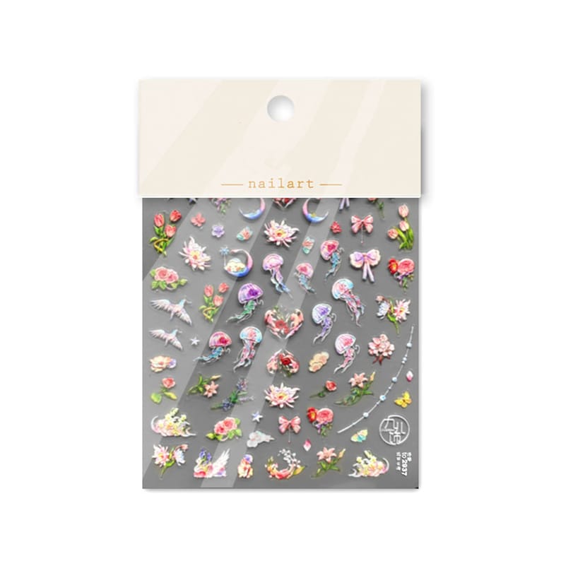May include: A sheet of nail art stickers with a variety of designs, including flowers, butterflies, jellyfish, and stars. The stickers are on a clear background and are ready to be applied to nails.