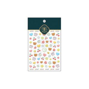 May include: A sheet of colorful nail stickers with a variety of cute designs, including butterflies, hearts, cherries, and bears. The stickers are arranged in rows and columns on a white background. The text "Love good" is repeated at the bottom of the sheet.