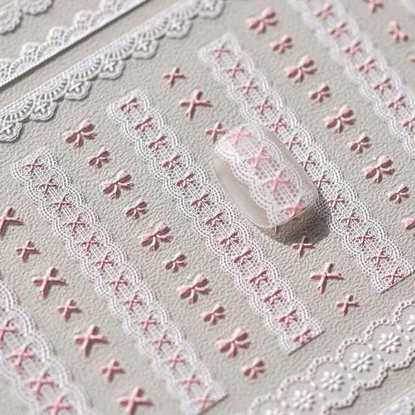 Cute Bowknot Lace Stripe Nail Stickers, Lace Pattern Nail Sticker, Lace Nail Stickers, Cute Bowknot Nail Decals